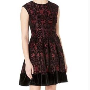 Gabby Skye Black Wine Velvet Fit and Flare Dress Gothic Romantic Lace Size 12